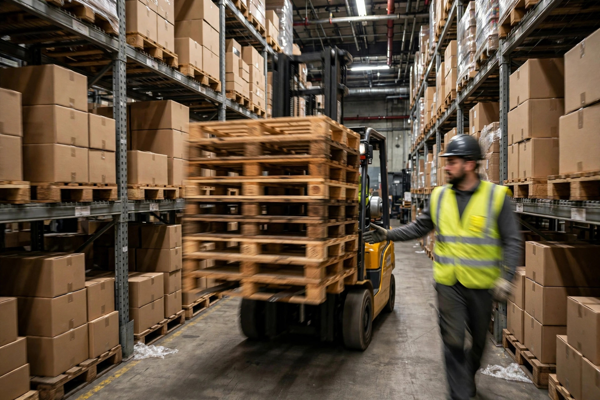 Montacargas moviendo palets dentro de un almacén