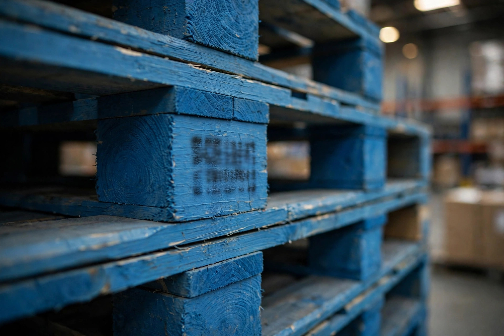 Palets azules compartidos apilados en un almacén