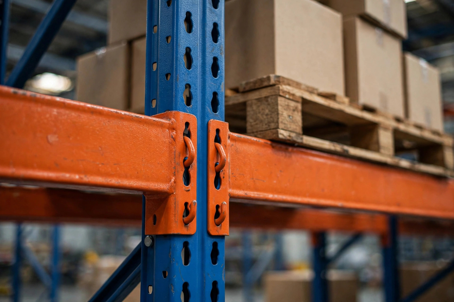 Primer plano de la conexión viga-columna en un rack de palés