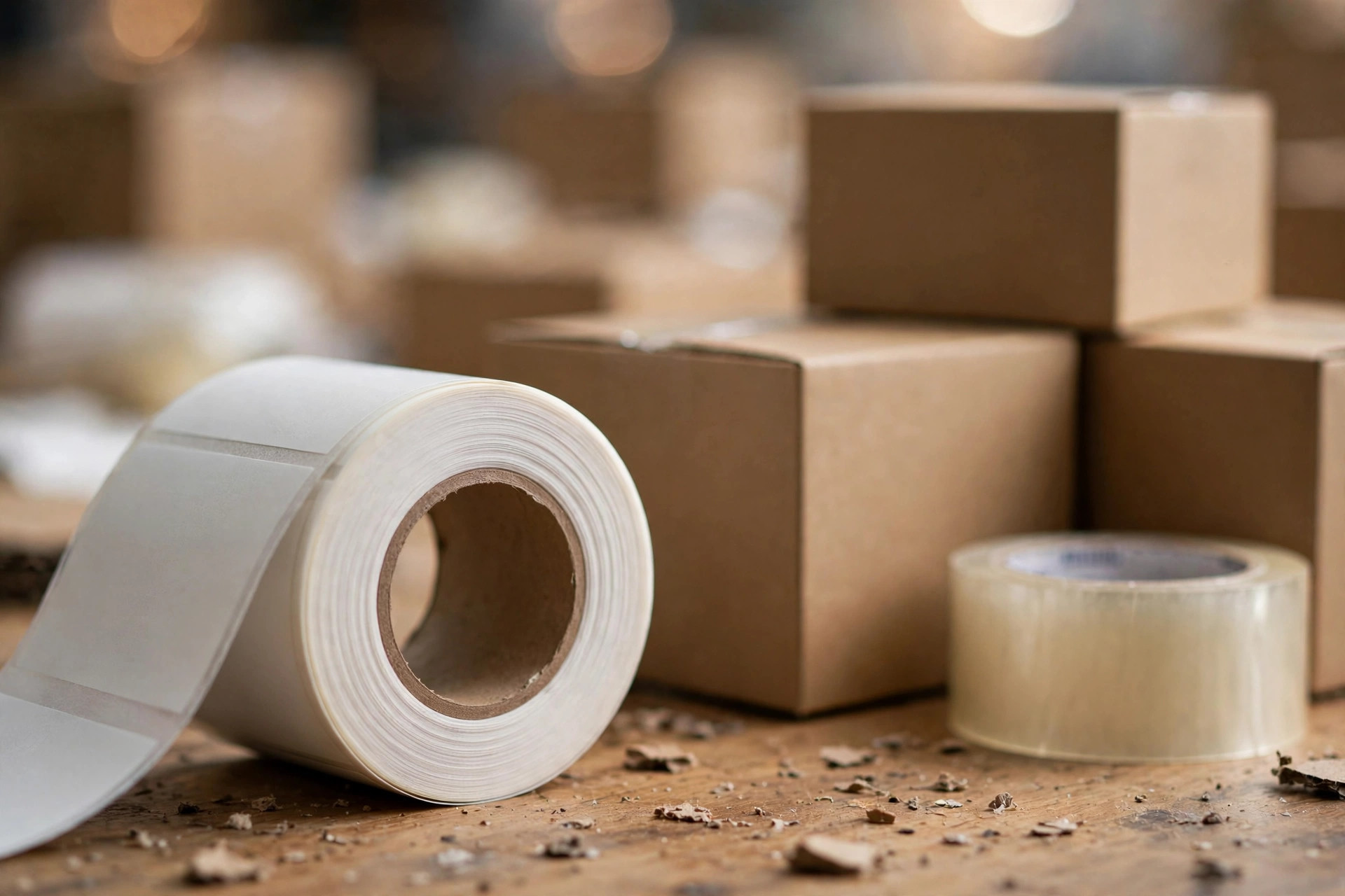 Close-up of a shipping label roll and parcels on a packing bench, label text blurred