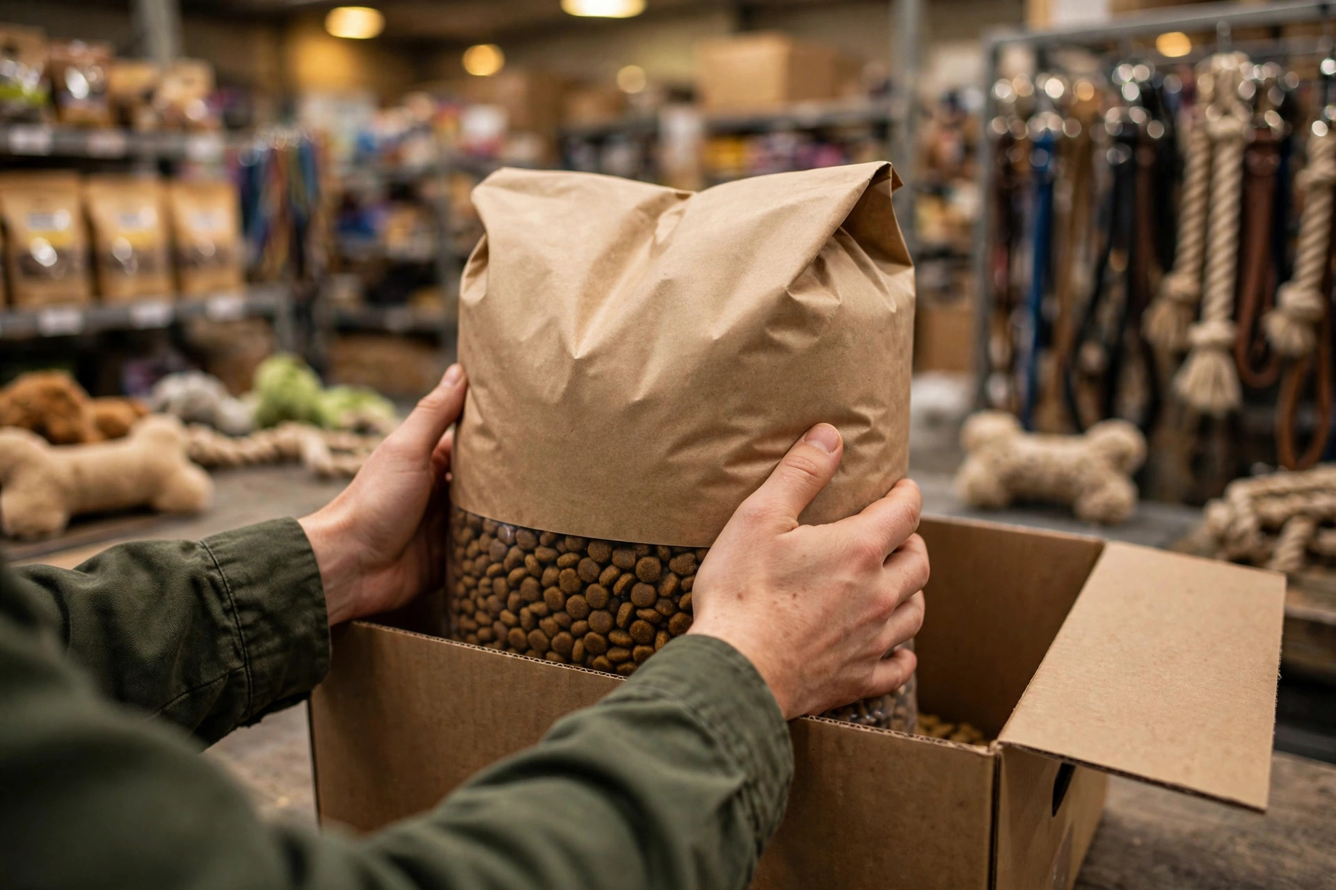 Picking e embalagem de produtos pet em ação no armazém