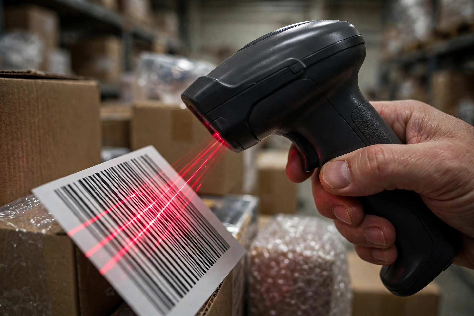 Trabajador de un almacén pequeño escaneando el inventario de los estantes con un escáner de códigos de barras
