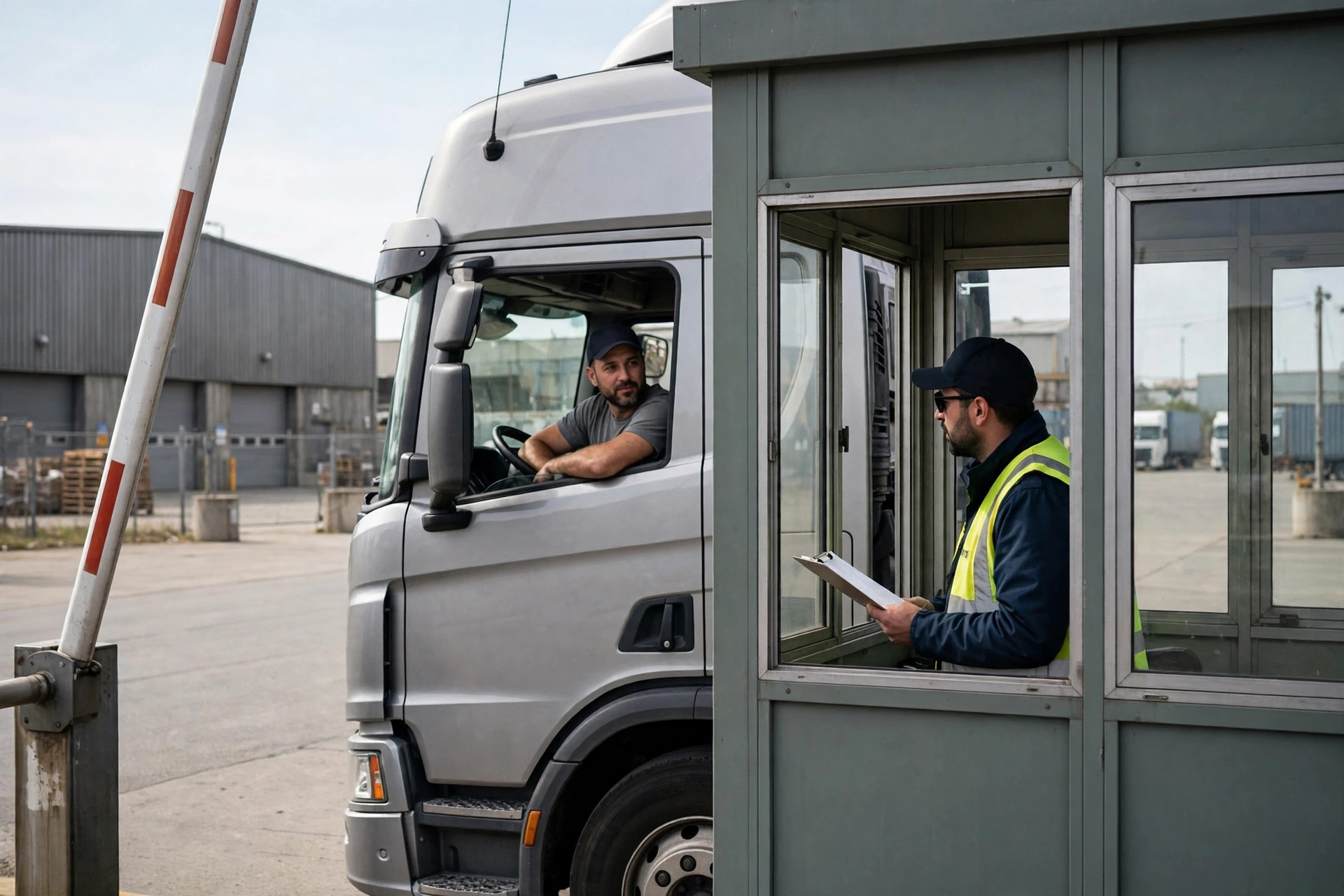 Enregistrement en libre-service au poste de garde d'un entrepôt, remorques entrant en file ordonnée