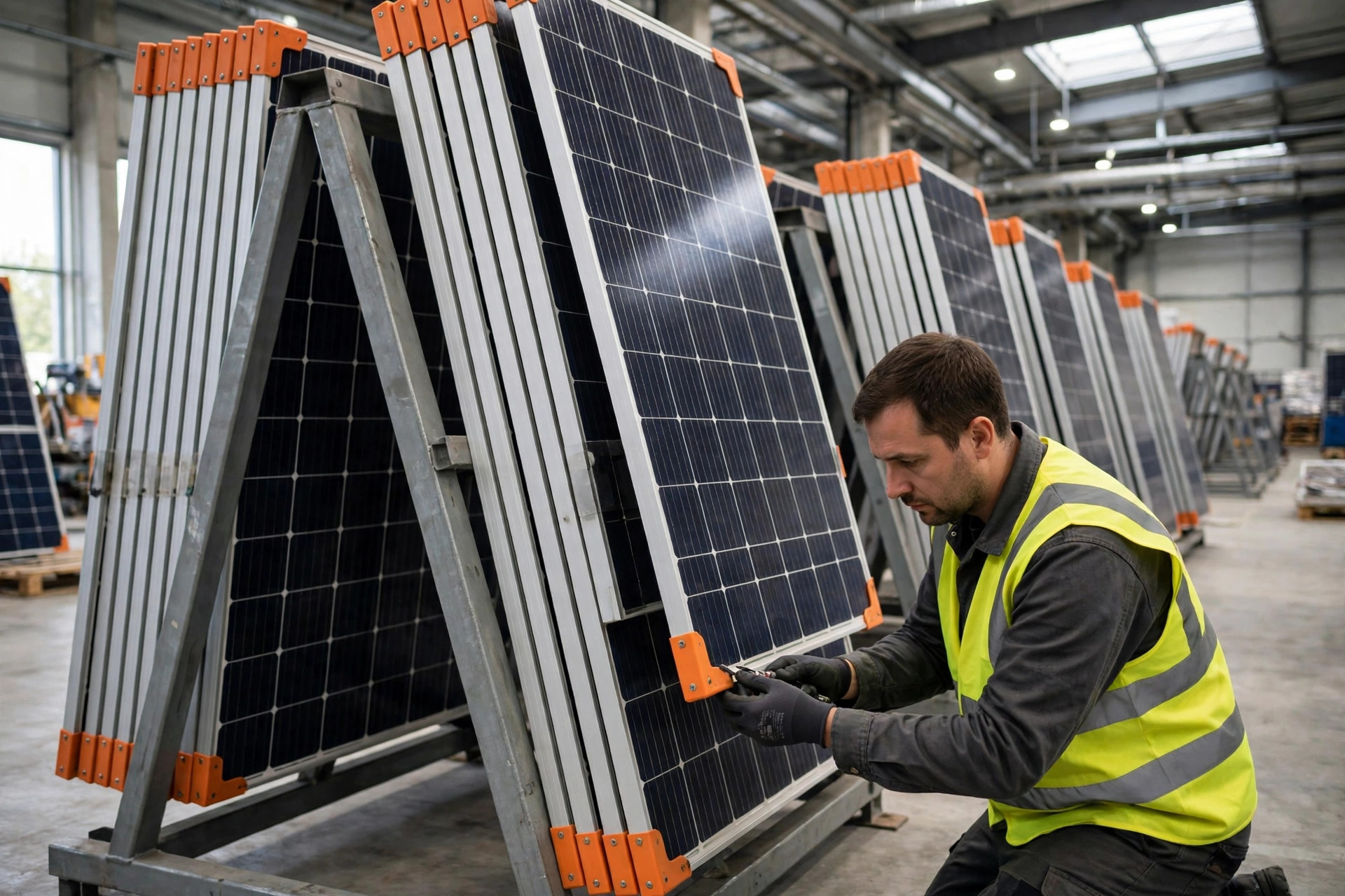 Solar Panel Warehouse Storage Handling: Stop Laying Panels Flat, Vertical Racking, Corner Protection, and the Damage Ledger