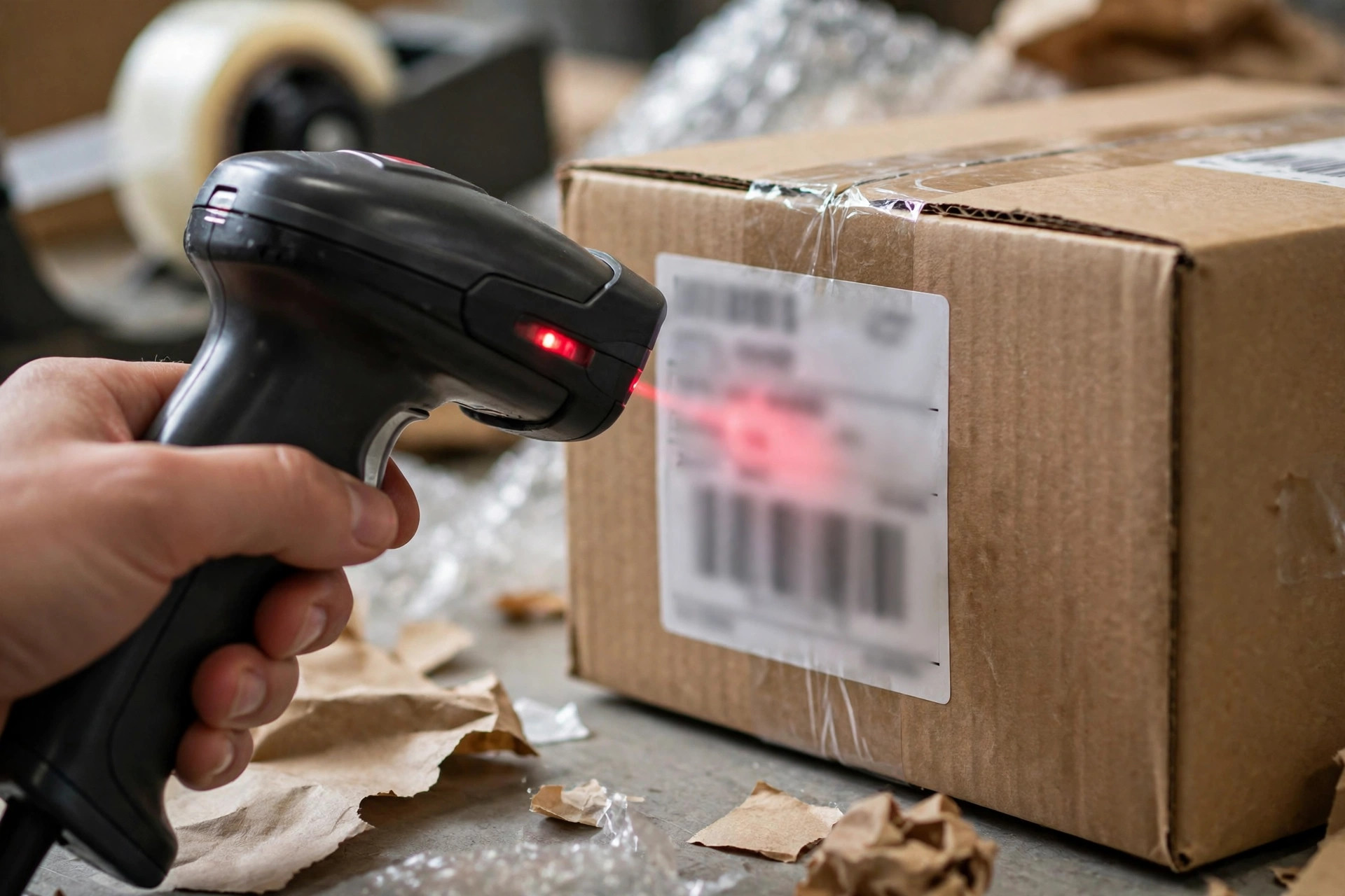 Estación de packing de e-commerce en un almacén