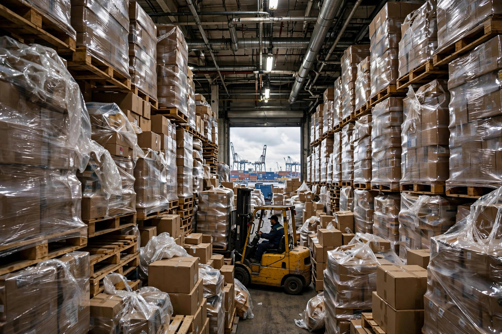Pallets of cargo packed floor to ceiling inside a port-area warehouse, forklift working a narrow aisle