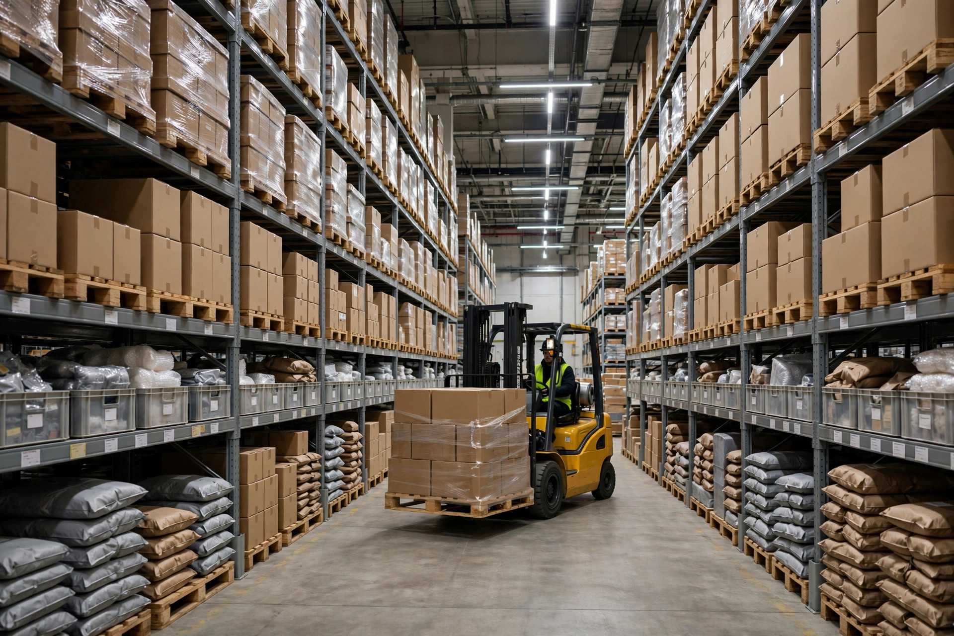 Stock e-commerce bien rangé sur des racks d'entrepôt, chariot élévateur en réapprovisionnement
