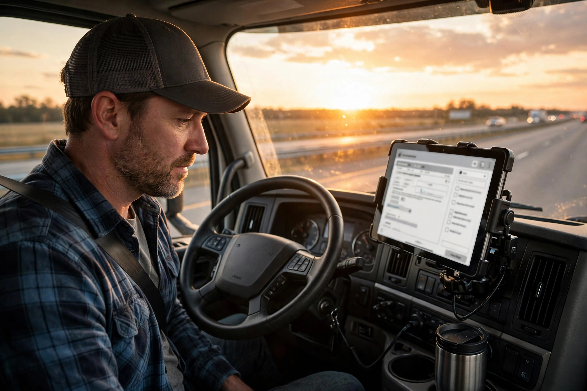 運転席でタブレット上の電子船荷証券を確認するトラックドライバー