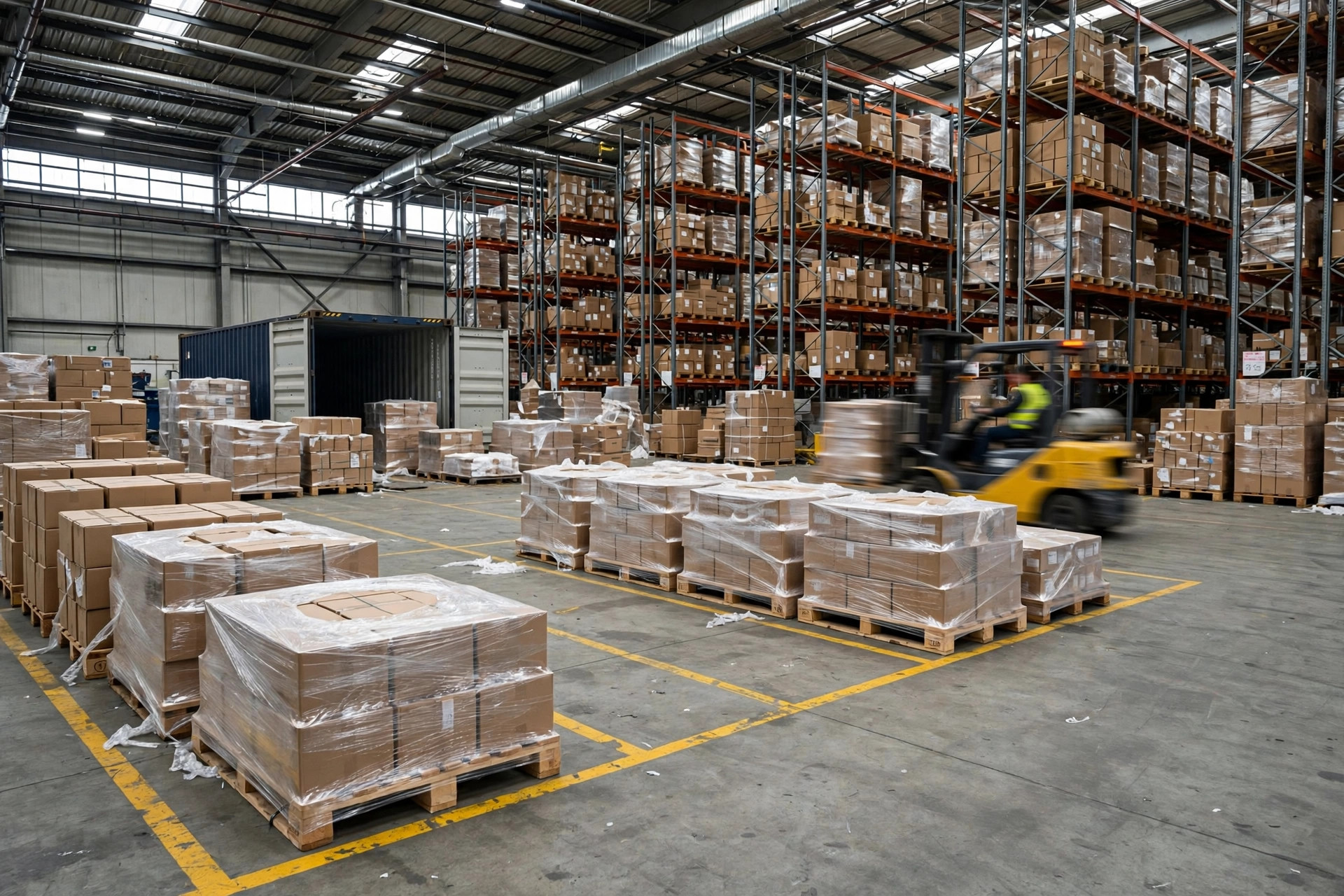 Palets preparados en zonas del piso del almacén tras la descarga del contenedor