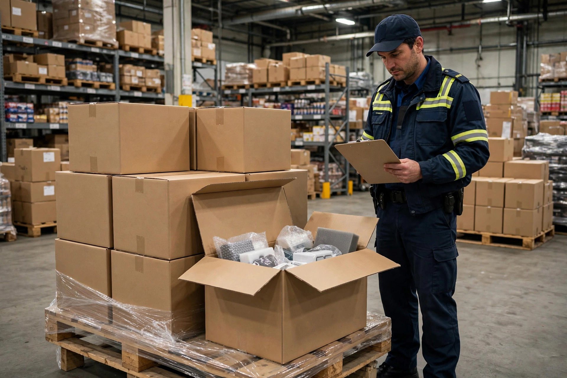 Área de inspección aduanera en un puerto de EE. UU. con un contenedor abierto bajo revisión
