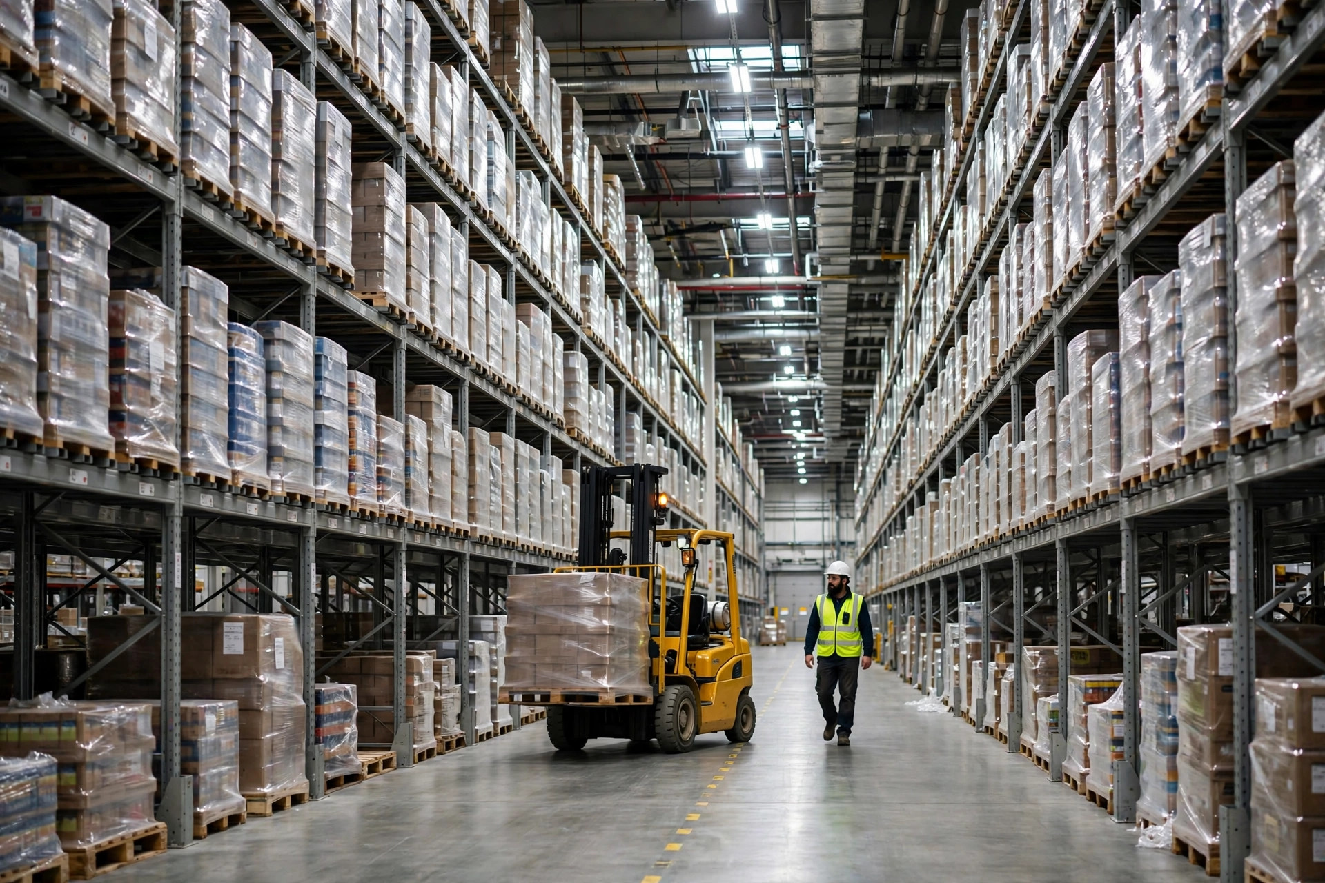 Interior de un almacén de distribución en EE. UU. con estanterías de gran altura y un montacargas en operación