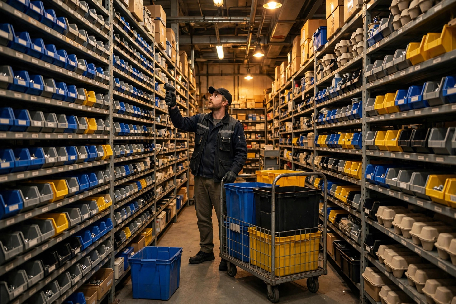 Zone de picking dense d'un petit entrepôt à forte mixité, préparateur vérifiant un emplacement avec un scanner portable