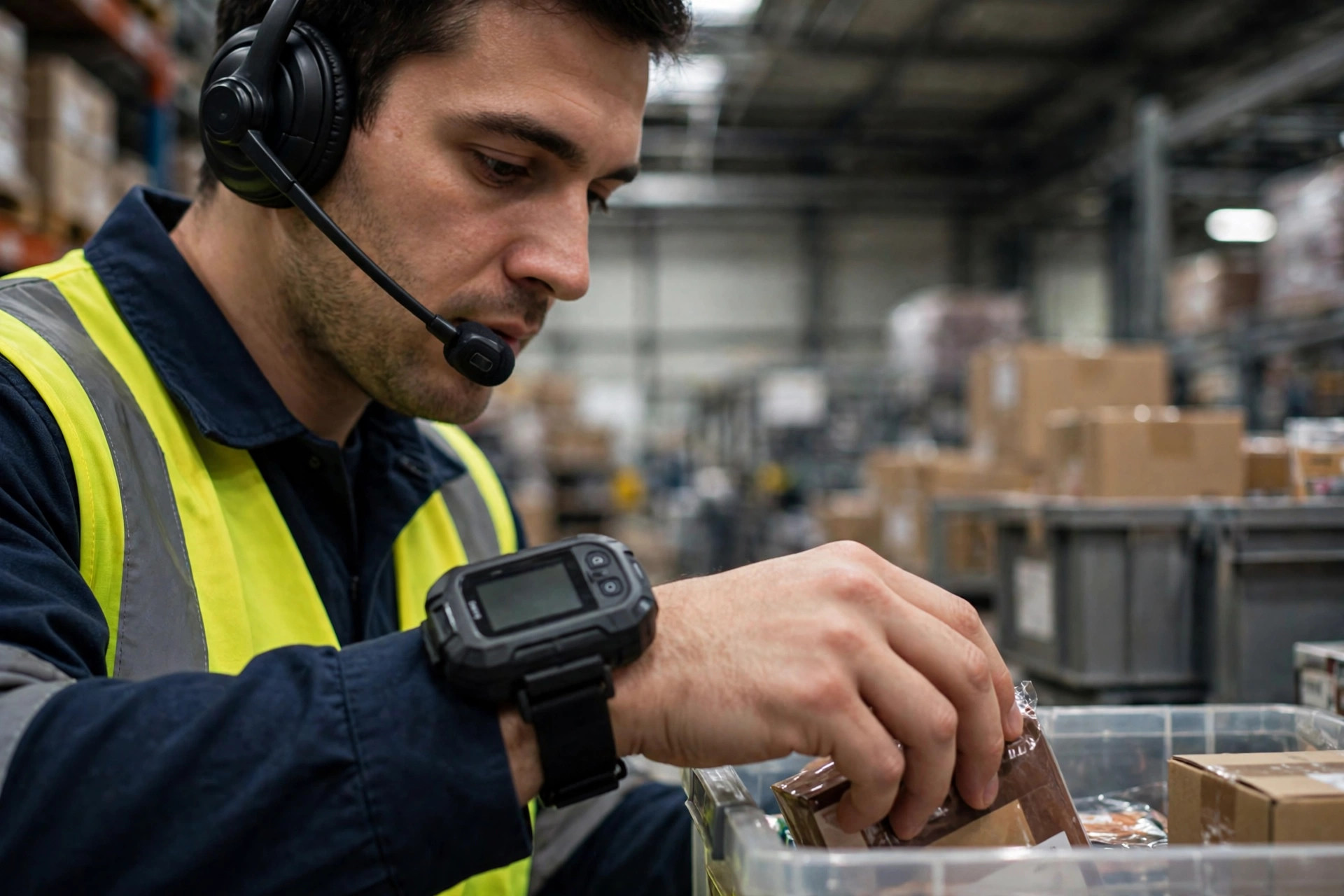 Operario con auriculares de voice picking