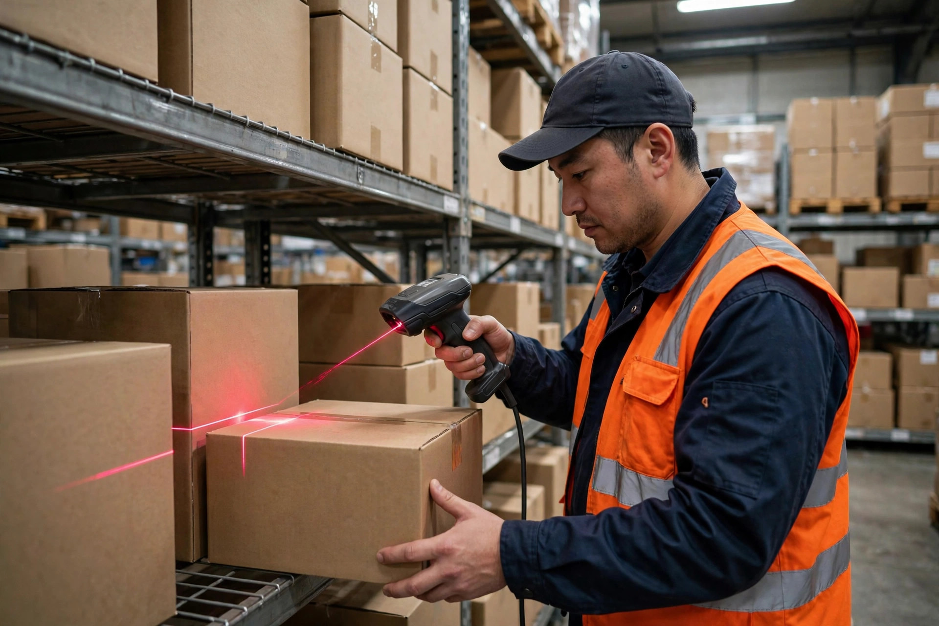 Un opérateur scannant un code-barres avec un scanner RF