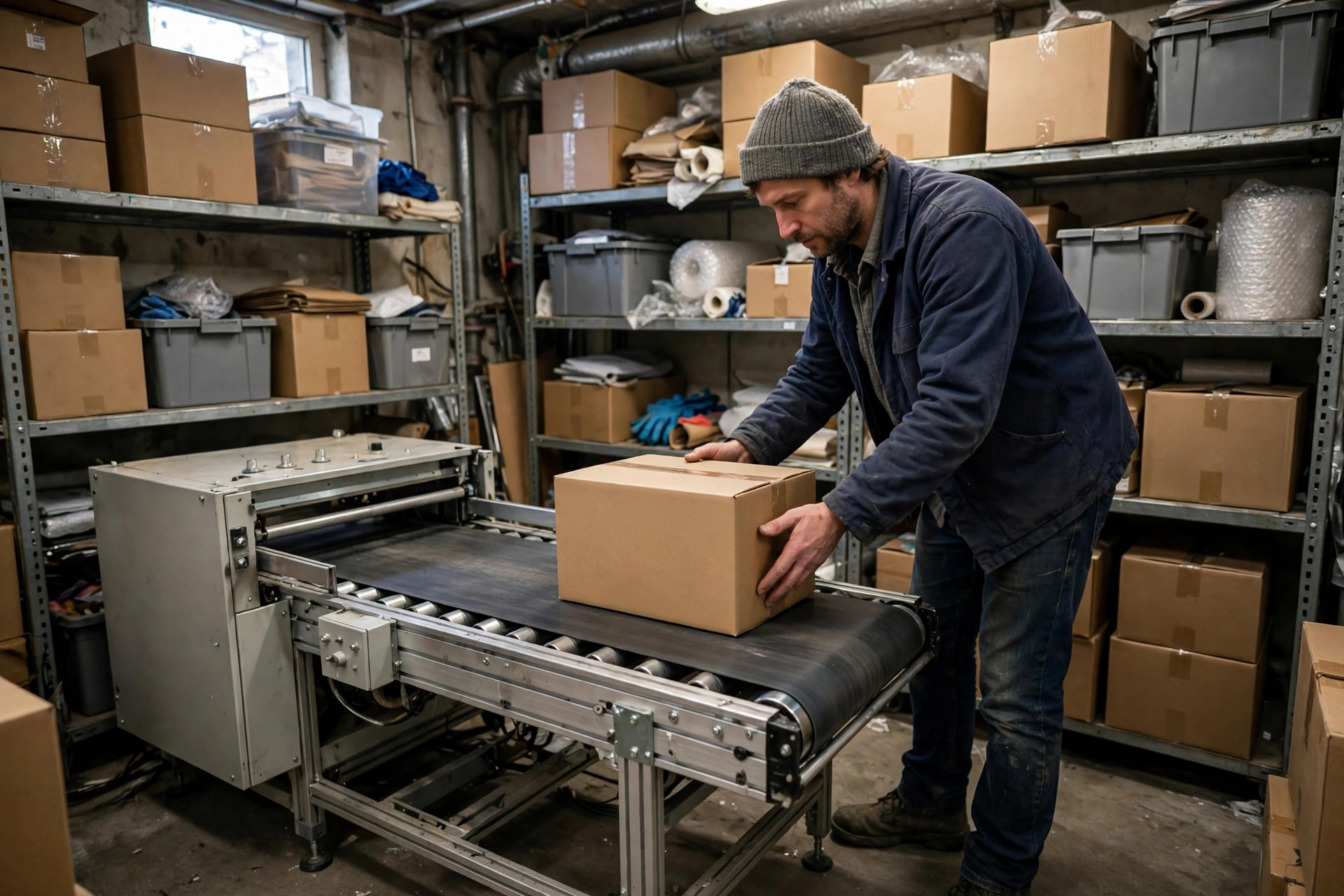 Small warehouse owner manually feeding boxes onto a compact sortation conveyor