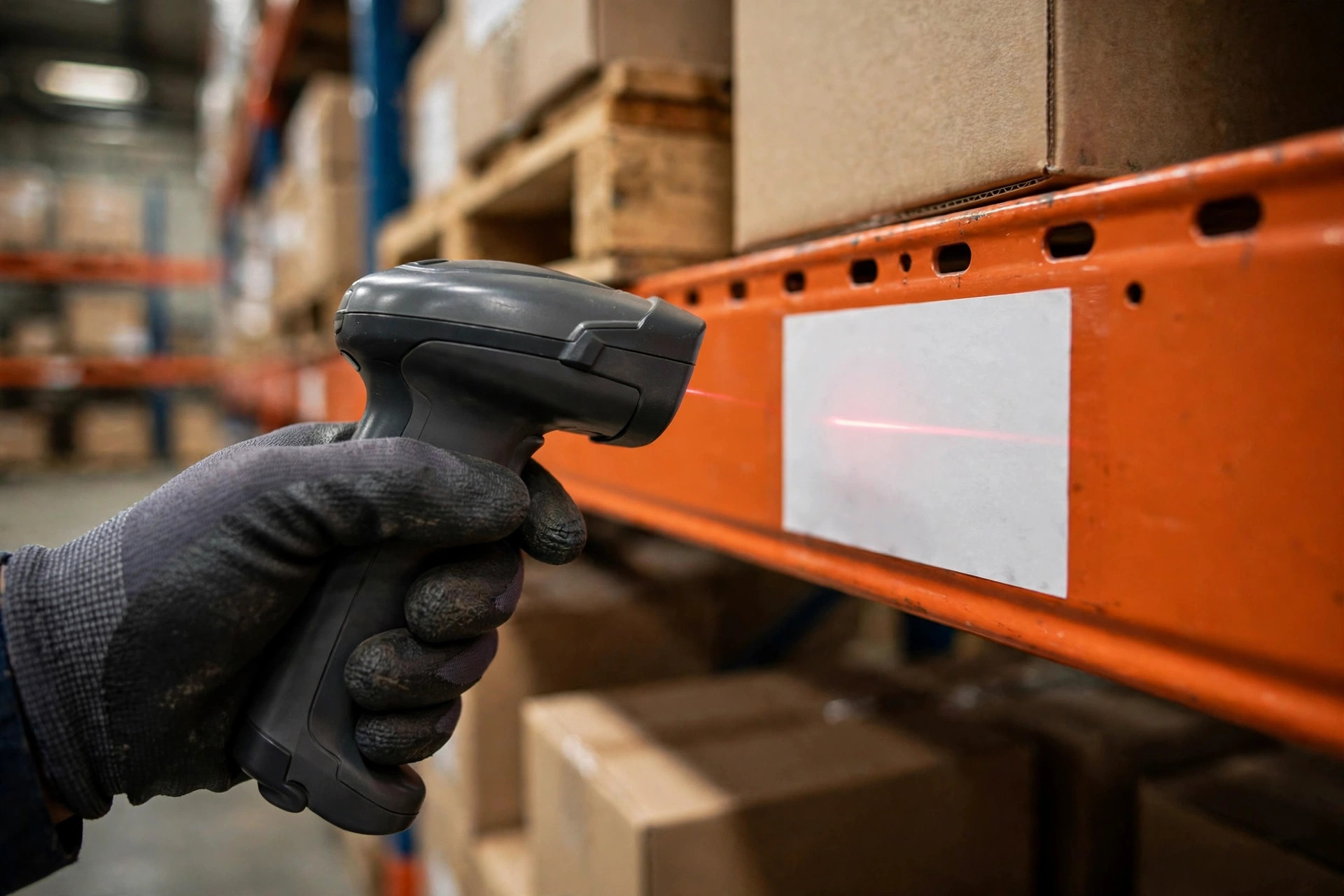 Close-up of a barcode scanner reading a rack location label during cycle counting