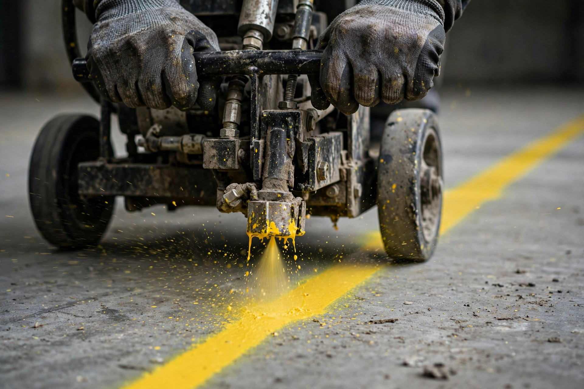 Close-up of a worker striping a yellow line with a line marking machine
