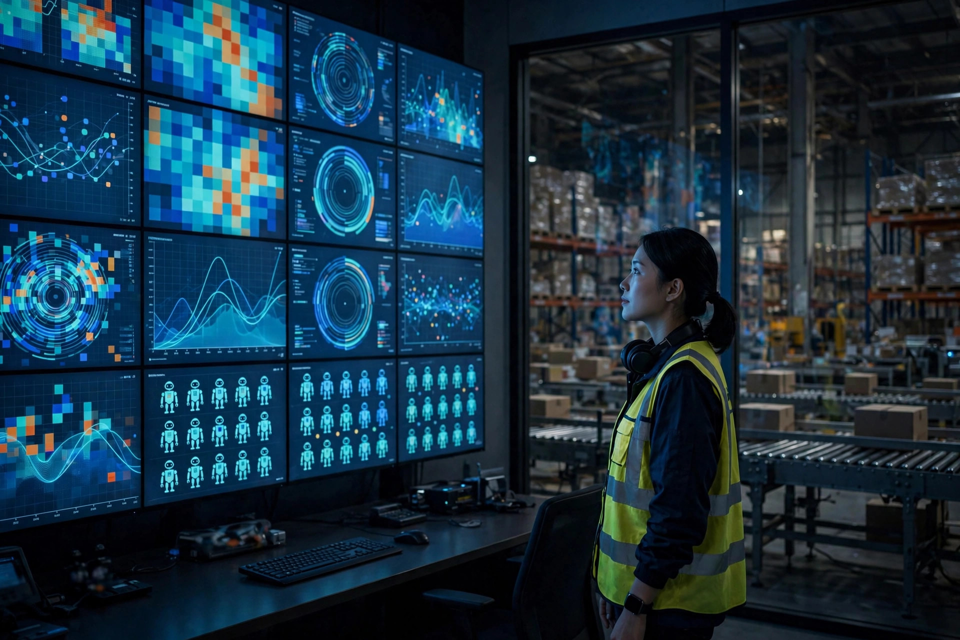 Engineer monitoring warehouse dashboards and robot fleet status in a control room