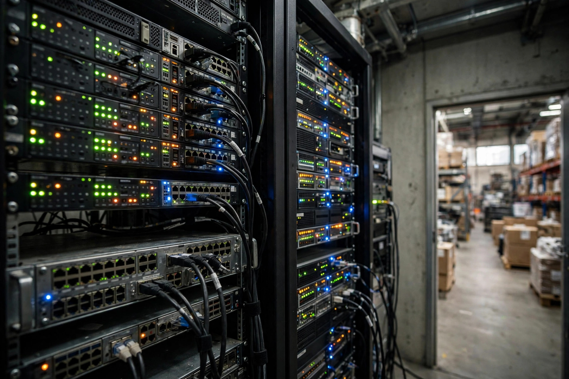 Racks de serveurs dans une salle informatique d'entrepôt