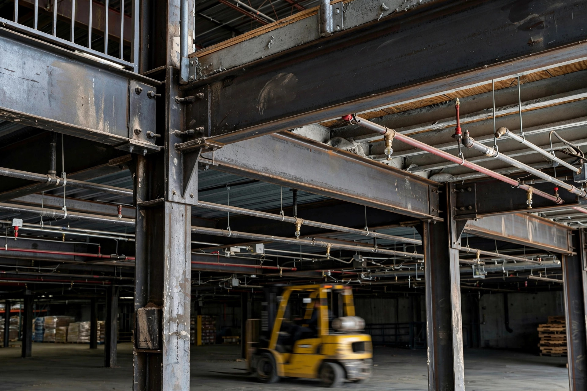 Structure métallique de mezzanine avec un chariot élévateur opérant en dessous