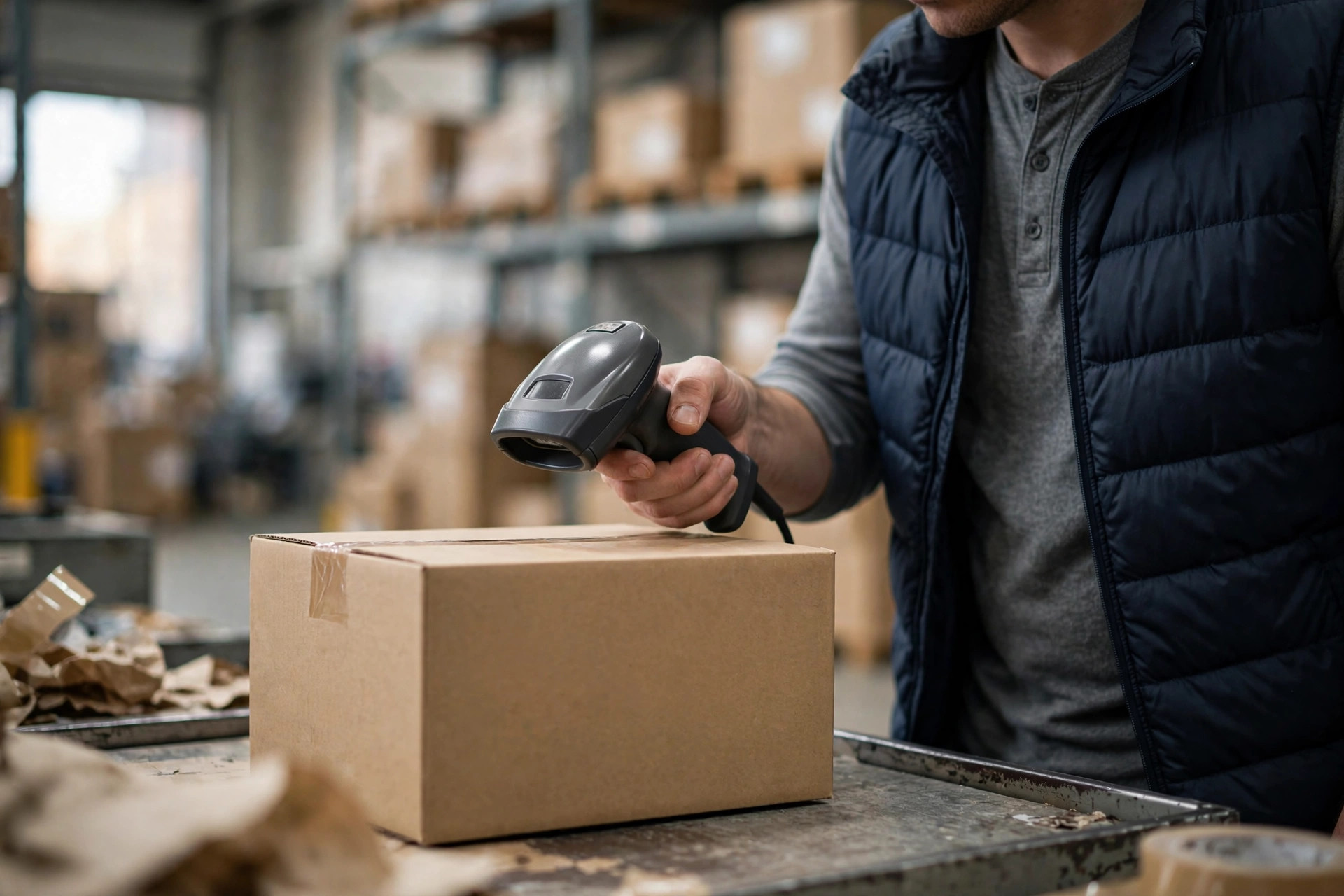 Magasinier scannant un carton avec une douchette