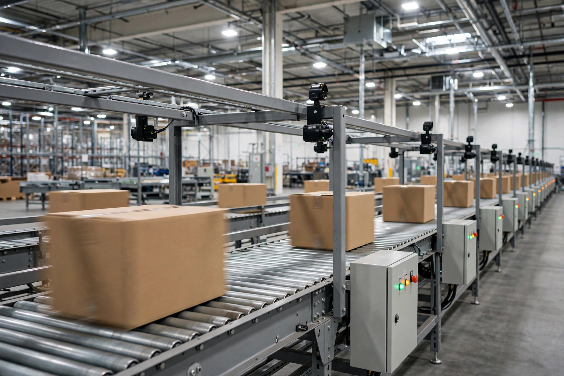 Línea de conveyors WCS con gabinetes de control