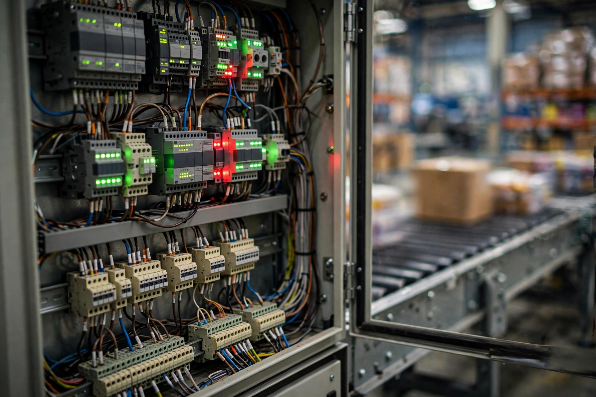 Armario de control PLC en un almacén automatizado con luces indicadoras encendidas