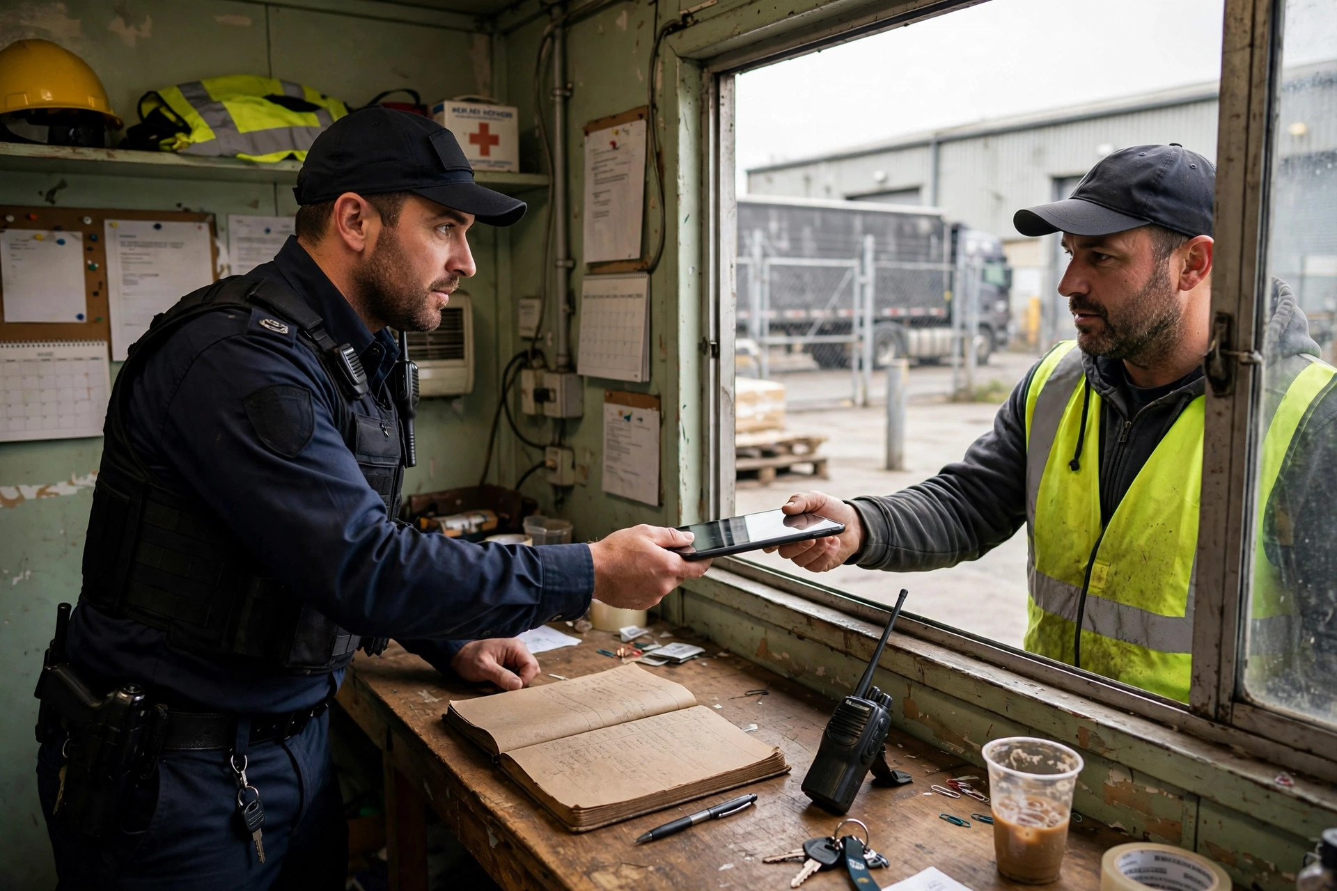 A guard handing a tablet to a truck driver for gate check-in, with the paper logbook and walkie-talkie still on the desk