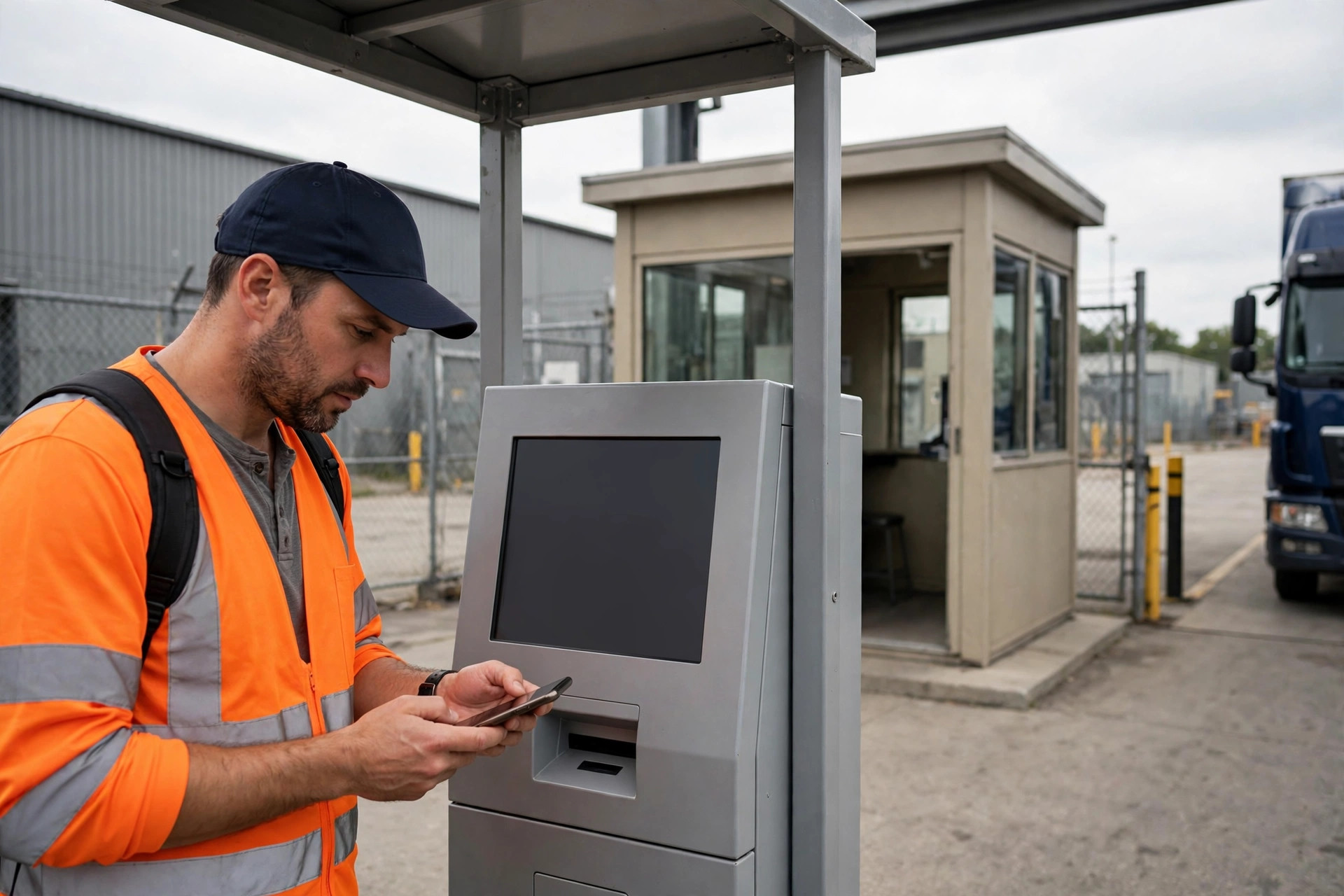Conductor escaneando en un quiosco de autoservicio de la puerta, caseta del guardia al fondo