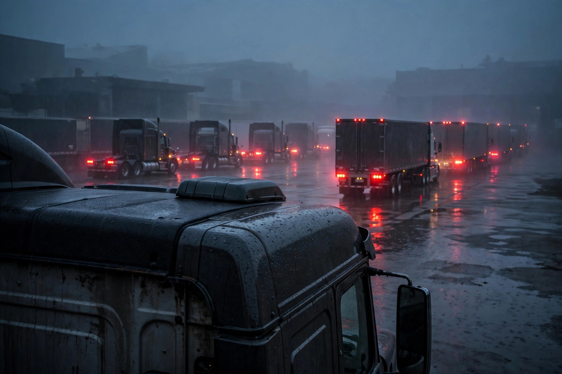 Semi-trucks queued in rain and fog at a warehouse gate
